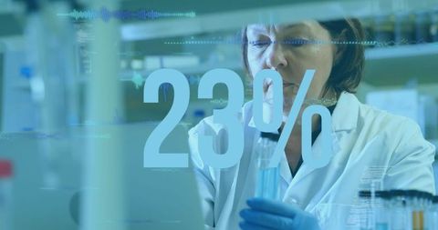 Scientist Conducting Experiment with 23% Data Overlay