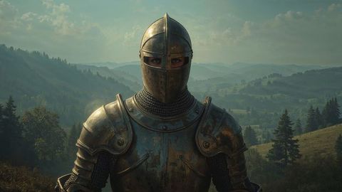 Medieval knight in full plate armor in misty valley
