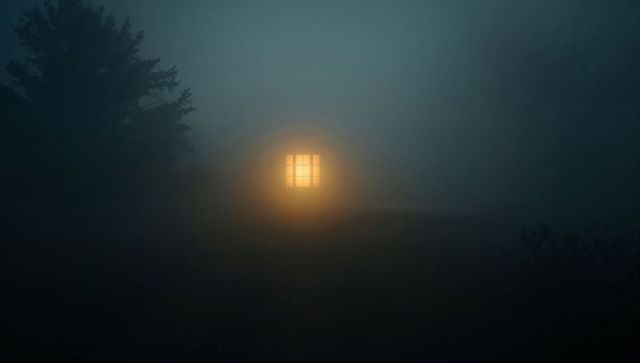 Eerie glow from cabin window in misty night forest