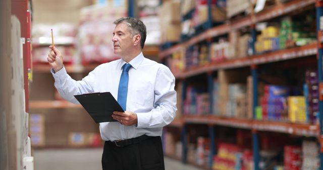 Middle-aged businessperson checking stock in wholesale distribution warehouse. Executing warehouse management duties such as verifying inventory levels and product placement. Image can be used for articles on logistics, supply chain management, warehouse operations, inventory control, and retail distribution.