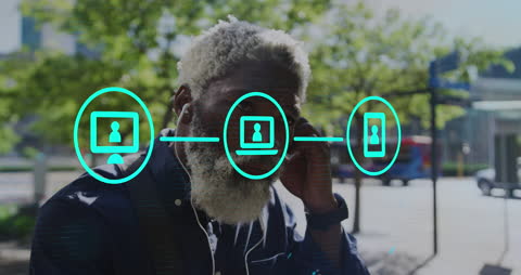 Senior Citizen Enjoying Music with Futuristic Technology Overlay