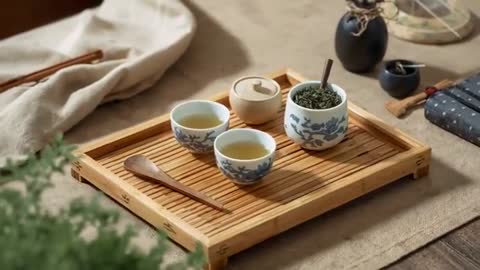 Zooming Camera Presenting Porcelain Tea Cups and Loose-Leaf Canister on Bamboo Tray