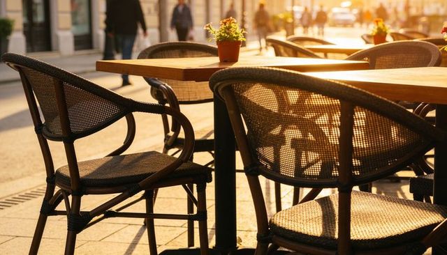 Sunlit cafe terrace with woven rattan chairs casting long shadows at golden hour