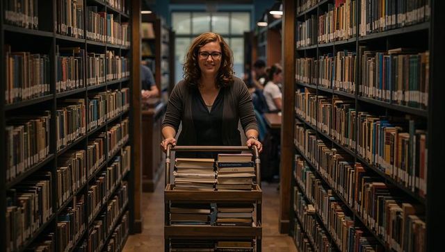 Pushing Book Cart Down Library Aisle Showing Librarian Moving Shelved Academic Volumes