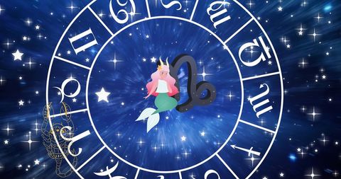 Illustration of Pisces symbol centered within a zodiac wheel against a vivid starry night sky. Ideal for astrology-themed blogs, horoscope columns, and mystical or spiritual content. Can be used in items like diaries, posters, or websites focusing on astrology and horoscopes.