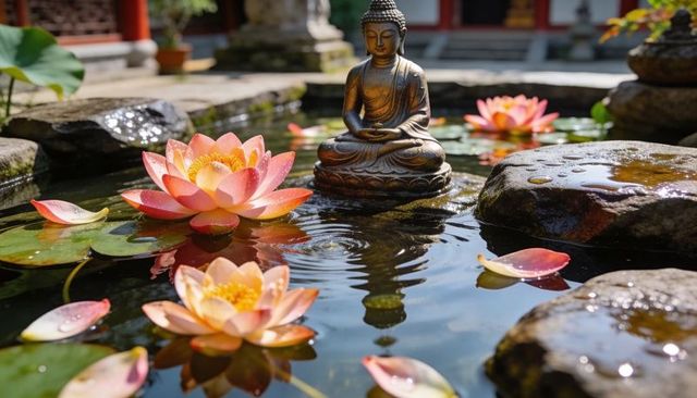 Sunlit buddha statue reflecting in tranquil temple pond with peach pink lotus blossoms