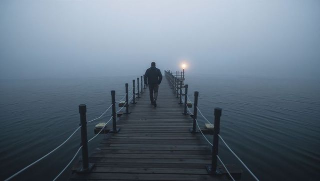 Walking along foggy wooden pier toward lantern light over calm lake, moody solitude
