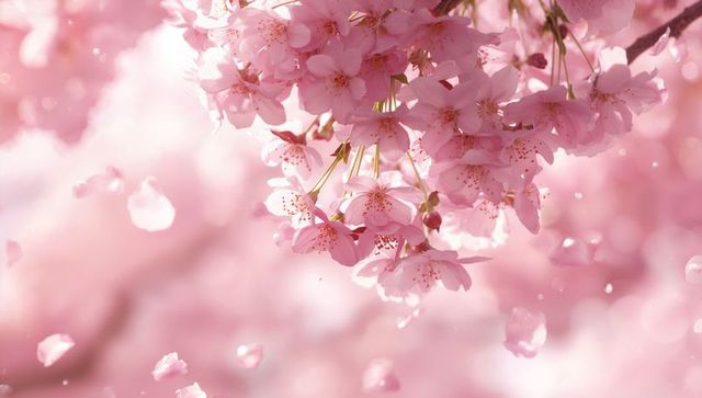Pink sakura blossoms drifting on spring breeze, close-up cherry blooms with falling petals