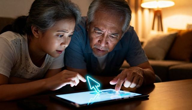 Senior couple learning tablet touchscreen at night, collaborating and focusing on glowing cursor