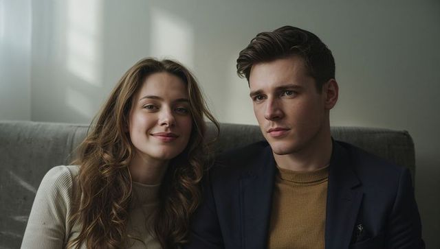 Young couple sitting on sofa in natural window light intimate modern lifestyle portrait