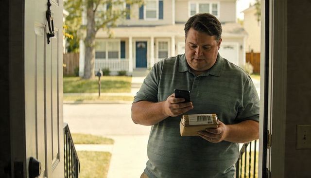 Man receiving package while checking smartphone at front door of suburban home