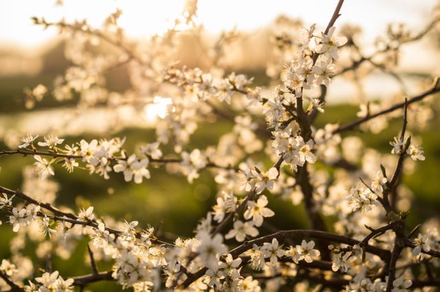 Captures delicate white blossoms on tree branches with warm, soft sunset light in background. Illustrates beauty of spring and freshness of nature. Perfect for use in nature-themed designs, wellness-related content, and as background in seasonal advertisements highlighting spring.