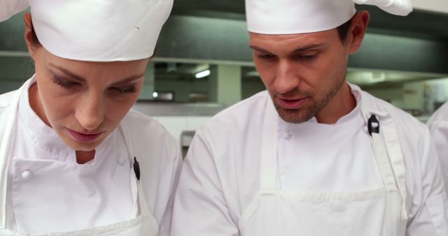 Professional chefs in white uniforms and hats working together in a commercial kitchen. Perfect for content related to culinary arts, cooking classes, restaurant promotions, teamwork in professional kitchens, and culinary training materials.