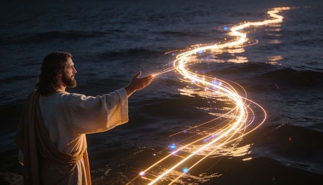 Bearded robed figure gesturing over night sea creating golden light ribbon across water