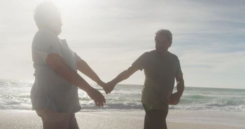 Senior Couple Holding Hands Walking Beach Sunset