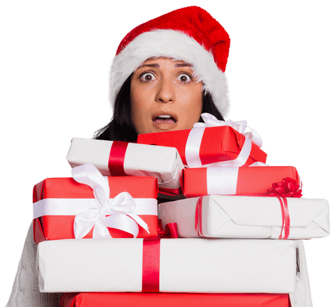 Shocked Woman in Santa Hat Holding Christmas Presents Transparent Background
