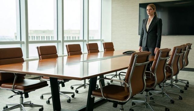 Female executive standing in modern boardroom near long wooden conference table exuding authority