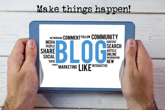 This image features hands holding a tablet computer displaying a word cloud related to blogging. It includes words like 'community', 'content', 'social', and more, capturing the essence of online influence and digital marketing. Perfect for websites, articles, or presentations about blogging, content creation, social media marketing, and online communities.