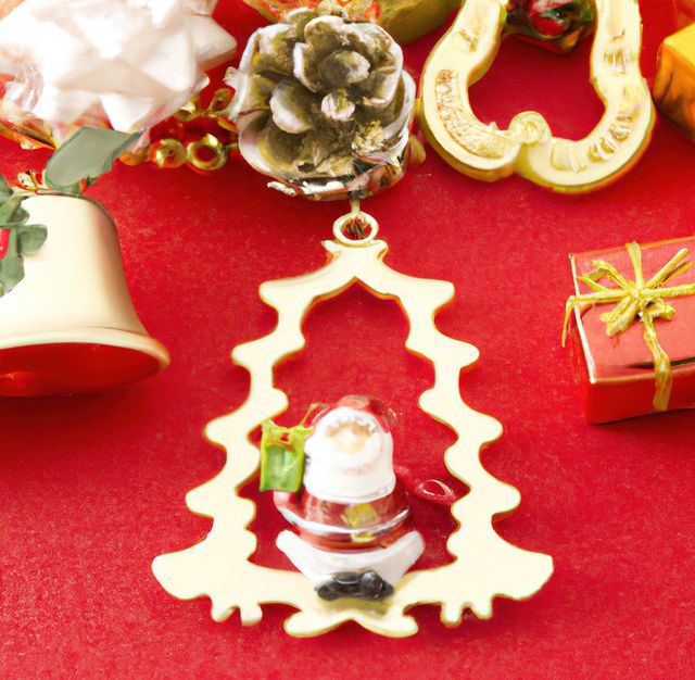 Captures a detailed Christmas tree-shaped ornament with Santa Claus on a red background. Perfect for holiday greeting cards, festive marketing campaigns, or seasonal advertisements promoting Christmas decorations or holiday sales.