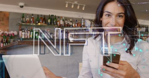 Entrepreneur exploring nfts on smartphone in modern bar environment