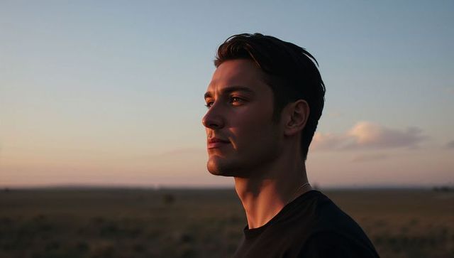 Young man gazing at sunset over grassland horizon, serene profile portrait, golden hour