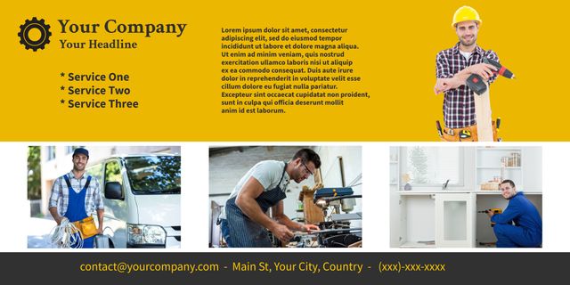 Promote professional services with this construction-themed template, showcasing a confident worker and a sense of reliability. Ideal for advertising home improvement or repair businesses, and can be repurposed for vocational training programs.