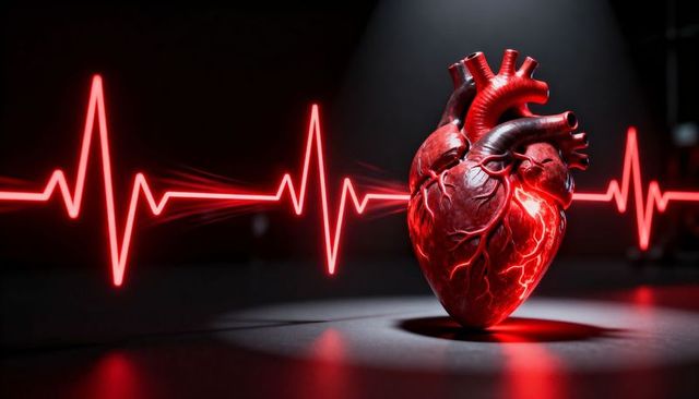 Glowing anatomical heart with neon ecg pulse on dark reflective surface for medical design