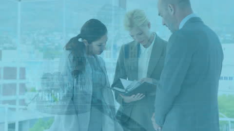 Team Analyzing Financial Data in Corporate Setting with Digital Overlay