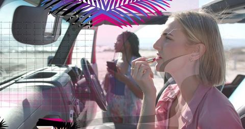 Summer beach drive bliss: friends embrace sunlit elegance