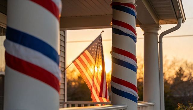 American flag fluttering on porch with patriotic ribbon-wrapped columns at sunset glow
