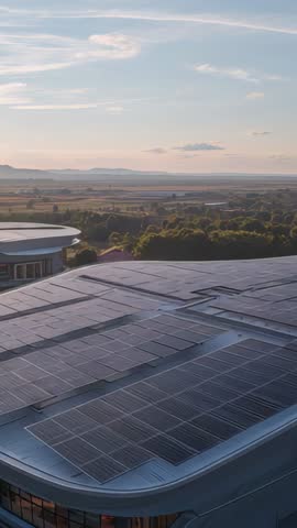 Vertical drone drifting over rooftop solar panels toward farmland and mountains