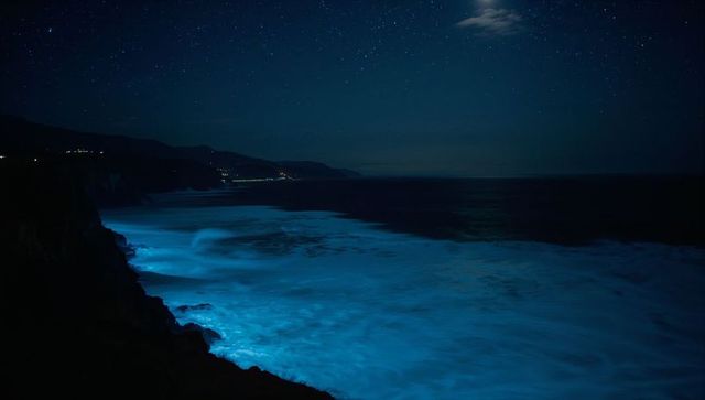 Bioluminescent Waves Illuminating Rocky Cliffside at Night