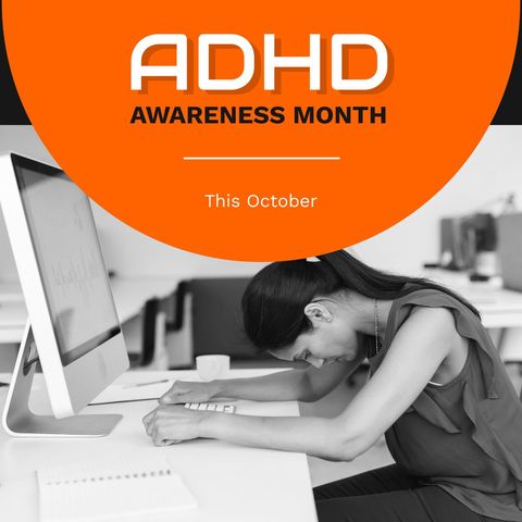 adhd awareness month office setting with stressed woman - Download Free Stock Templates Pikwizard.com