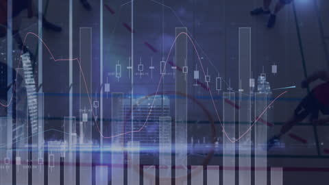 Digital Financial Chart Overlaying Basketball and Cityscape