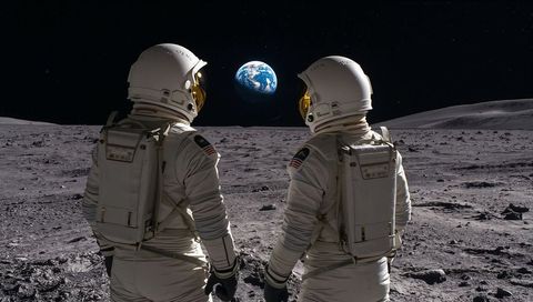 Two astronauts watching earthrise over lunar horizon with gold visors