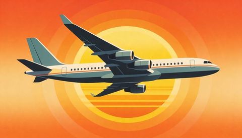 Commercial jet flying across sunset with turbofan engines and winglets, retro vector