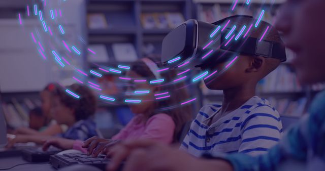 Children are immersed in a virtual reality experience while learning in a classroom setting. The VR headsets highlight the use of advanced technology in education. Ideal for illustrating modern teaching methods, technological innovation in schools, and interactive learning environments.