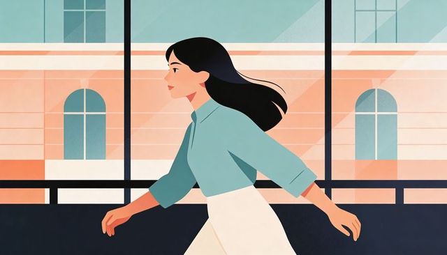 Woman walking by sunlit windows in minimalist urban hallway with flowing hair