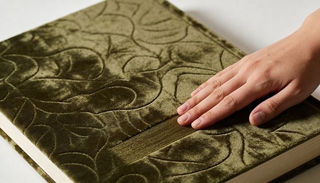 Right hand touching olive velvet hardcover book with embossed pattern and ribbon bookmark