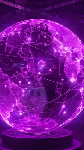 Vertical video Rotating purple holographic globe glowing above neon base futuristic showroom