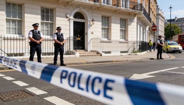 Uniformed officers guarding london street with police cordon tape and parked patrol car