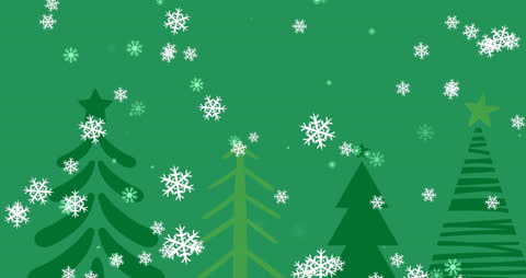 Falling Snowflakes on Green Background with Christmas Trees