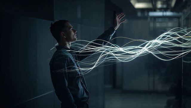 Young man reaching toward futuristic blue light trails in dark corridor high-tech concept