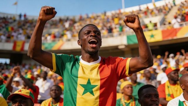 Stadium crowd cheering: fan raising both fists wearing bold national colors jersey