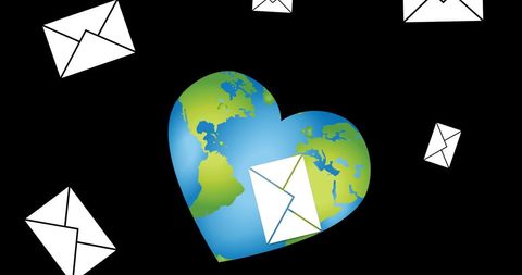 Emails floating over heart-shaped earth on black background