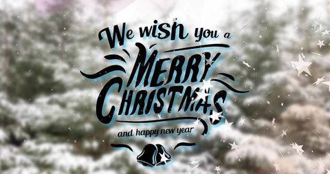 Displaying merry christmas hand-lettered greeting over snowy evergreen bokeh with star sparkles