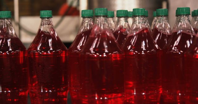 Close-Up of Multiple Plastic Bottles Filled with Red Liquid - Download Free Stock Images Pikwizard.com