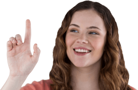 This transparent image features a young woman with curly brown hair and a warm smile pointing upward. Ideal for presentations, educational content, customer service illustrations, or advertisements requiring a friendly, engaging visual.