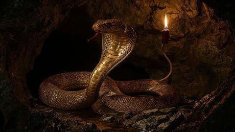 Coiling king cobra flaring hood in mysterious cave