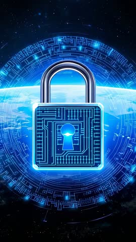 Vertical Cybersecurity Video Showing Neon Padlock Pulsing in Orbit Above Earth, Holographic Keyhole